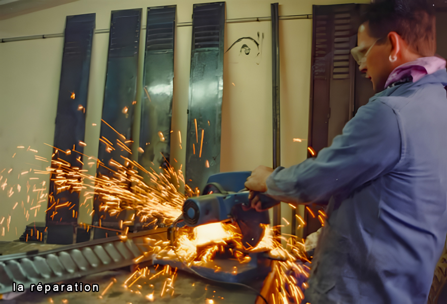 Artisan Restor'A9 en pleine soudure avec gerbe d'étincelles dans l'atelier
